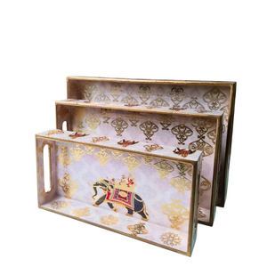 Ensemble de 3 plateaux de service en bois émaillés avec gravure d'éléphant royal, fabriqués par B H Brothers - Product Image 4