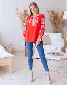 Blusa Casual de Manga Corta con Cuello en V y Bordado Rojo para Mujer, Corte Regular, 100% Popelina de Algodón para Primavera/Verano - Product Image 1