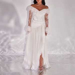 <b>White</b> Off-Shoulder Lace Floor-Length A-Line <b>Evening</b> <b>Gown</b> Sheer Sleeves Ruffled Cuffs Draped Pleated Skirt Bridal Inspired - Product Image 4