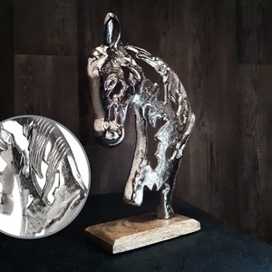 Handmade Metal Horse Head Sculpture Contemporary Artistic Animal Figure on Wooden Base for Living Room <b>Decor</b> - Product Image 4