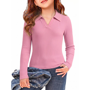 Camiseta polo de manga larga para niñas, cuello en V, cómoda, uniforme escolar, elástica, suave, acanalada. - Product Image 1