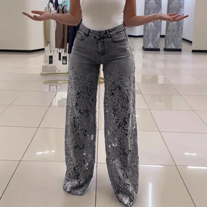 Jean Y2K à fleurs en dentelle ajourées, taille haute, coupe droite, jambe large, couleur unie, pantalon pour femme - Product Image 3