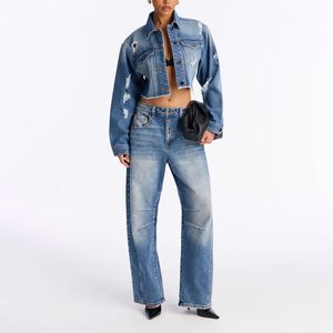 Women's Oversized Distressed <b>Denim</b> <b>Jacket</b> Vintage Washed Ripped Jean <b>Jacket</b> Women's Distressed <b>Denim</b> <b>Jacket</b> <b>Crop</b> Top Ripped Hole - Product Image 2