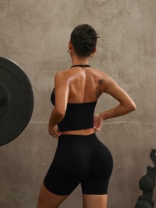 Womens Gym Outfit 2 Piece Set Halter Neck Ruched Camisole and Cross Front High Waist Biker Shorts Seamless Sport Yoga Suit Set - Product Image 4