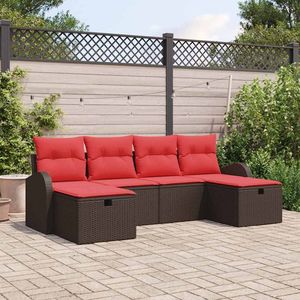 Set di divani da giardino in polyrattan marrone e rosso da 6 pezzi con cuscini manuali - Product Image 1