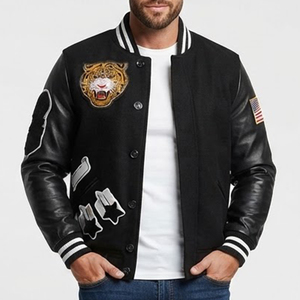 Veste universitaire noire pour homme la plus vendue, personnalisée, avec broderie tigre et patch drapeau américain, manches en cuir, tenue décontractée pour l'automne - Product Image 1