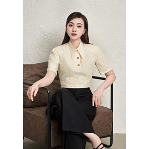 Blusa Corta de Encaje Color Crema para Mujer, Manga Corta, Cuello Camisero, Botones, Estilo Elegante de Oficina, Primavera Verano, Tejido, ELYSIA - Product Image 4