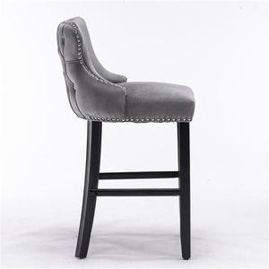 Sgabelli da Bar Contemporanei con Schienale Alto, Rivestiti in Velluto con Decorazione Trapuntata a Bottoni, Gambe in Legno e Borchie Cromate - Product Image 4