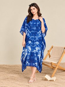 Boho Blue Tie Dye Chiffon Dress <b>Women</b> Summer Batwing Sleeve Loose Midi <b>Kaftan</b> - Product Image 1