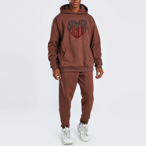 Ensemble de survêtement en coton marron pour homme, à capuche, manches longues, taille élastique, poches latérales, tenue décontractée d'été - Product Image 1