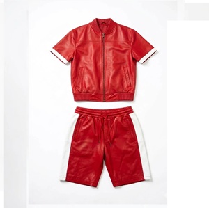 Men's Leather Color-Block Set Black Red <b>White</b> Bomber <b>Jacket</b> & Shirt Shorts Genuine Leather <b>Waterproof</b> Breathable Winter Outfit - Product Image 3