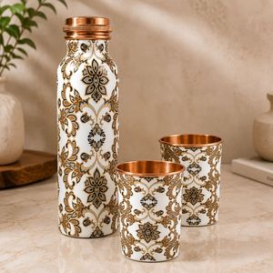 Floral Pattern Copper Water <b>Bottle</b> with 2 Glasses Reusable <b>Vintage</b> Design Portable Drinkware Set for Home Office & Outdoor Use - Product Image 2