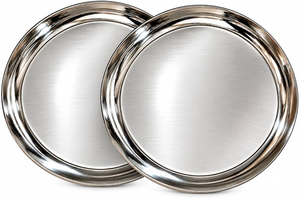 Assiettes de présentation rondes en acier inoxydable poli, vaisselle moderne en métal argenté, à prix abordable - Product Image 2