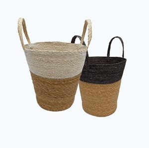 Panier de rangement artisanal en jonc de mer 100% naturel avec poignée, forme ronde, panier écologique, décoration intérieure - Product Image 3