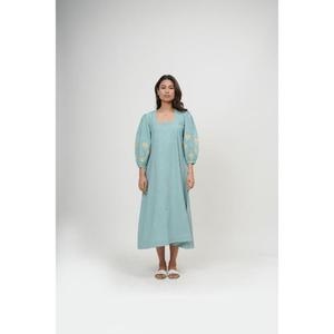 Robe longue trapèze faite main de haute qualité avec col carré, manches lanternes, en lin, couleur unie, respirante, style été pour femme - Product Image 4
