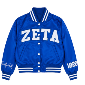 เสื้อแจ็คเก็ตซาตินทรงบอมเบอร์ Zeta Phi Beta สำหรับผู้หญิง สีน้ำเงินรอยัล ขาว ตัวอักษร ZETA แบบโค้ง ผ้าทวิลล์ ปี 1920 ติดกระดุมแบบ Snap ระบายอากาศได้ดี สำหรับชมรมนักศึกษา - Product Image 1