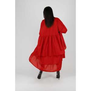 Vestido Cárdigan Largo Rojo para Mujer, Ecológico, Lavable, con Frente Abierto, Estilo Kaftán, Holgado, Informal, con Cintura Natural - Product Image 4