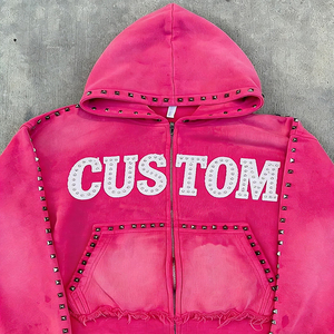 เสื้อฮู้ดซิปผู้ชายสีชมพูสดแบบสั่งทำพิเศษ ประดับหมุดและคริสตัล ขอบเสื้อแบบทำเก่าสไตล์สตรีทแวร์ เพื่อลุคแฟชั่น - Product Image 4