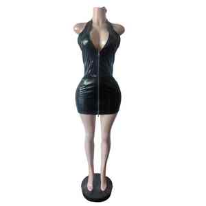 Vestido de Cuero PU sin Mangas con Cierre, Mini Vestido Ajustado para Fiesta, Ropa de Club, Vestido Sexy de Cuero para Mujer - Product Image 1