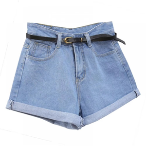 Shorts de mezclilla para mujer al por mayor, de alta calidad, superventas, con cinturón frontal ajustable, elásticos, mezcla de elastano, lavado a la piedra, con lazo. - Product Image 1