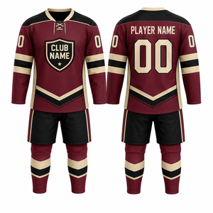 Ensemble de maillot de hockey sur glace personnalisé MEGAMAPLE, bordeaux, or, noir, kit complet, nom du joueur, numéro 00, impression par transfert thermique, 100% polyester - Product Image 1
