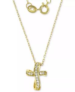 Collana con ciondolo a croce curva in zirconi cubici per bambini in argento Sterling placcato oro 14k, estensore da 13 + 2 "| Macacy's - Product Image 1