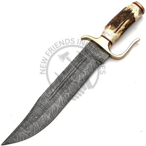 Nueva Edición Cuchillo Bowie de Acero de Damasco de 15 Pulgadas Hecho a Mano con Mango de Asta de Ciervo, Hoja Fija Extra Afilada para Caza al Aire Libre - Product Image 1