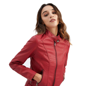 Veste moto en cuir PU rouge pour femme, manches longues, fermeture éclair, col montant, style automne, couleur unie, longueur normale - Product Image 3