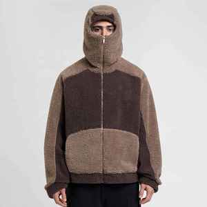 Sudadera con capucha de invierno personalizada, cálida, de sherpa, estilo ninja, de forro polar grueso y esponjoso, con bloques de color y bordado, de peso pesado, con cremallera de media cara y diseño de máscara. - Product Image 1