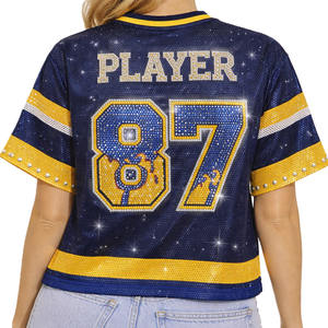 เสื้อเจอร์ซีย์อเมริกันฟุตบอลผู้หญิงสีน้ำเงินเข้มประดับคริสตัลตาข่าย  ปักชื่อและหมายเลขตามสั่ง  คอวี  ขายส่งแบบ OEM - Product Image 3