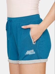 Shorts de Algodón Tejido Azul para Mujer, Cintura Media, Cordón Ajustable, Corte Regular Informal, Transpirable, Color Sólido - Product Image 2