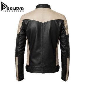 <b>Men</b> Premium Quality Racing <b>Leather</b> Biker <b>Jacket</b>, Two Tone Black with Beige Chest Stripe, Racer Motorcycle Outerwear - Product Image 2