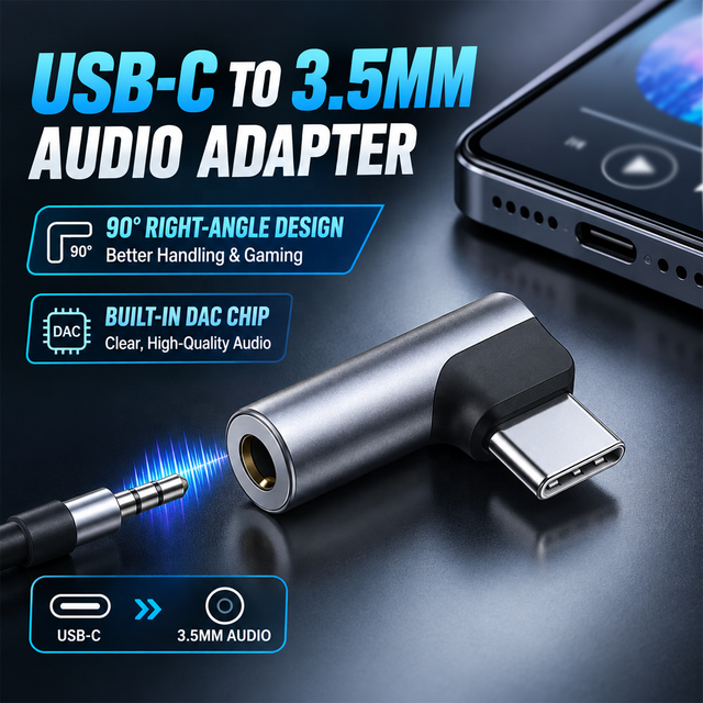 90° USB-C to 3.5mm Audio Adapter 90 L-Shape Connector with DAC High Quality Chip for Earphone Samsung Mobiles Laptop Gaming OTG