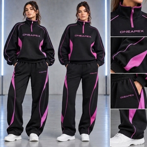 Women's Black <b>Pink</b> Quarter Zip <b>Tracksuit</b> <b>Set</b> Sportswear Pullover Sweatshirt Jogger Pants Casual Streetwear Two Piece Outfit - Product Image 2