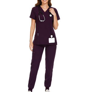 Unisex <b>Scrub</b> Sets Dark <b>Purple</b> V Neck Short Sleeve Medical Uniform Hospital Workwear Cotton Polyester Knitted Woven Pants Set - Product Image 1
