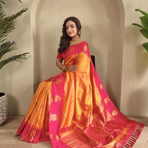 Sari de seda de dos tonos con borde de Zari de pavo real, tejido con motivos de mango y Pallu en contraste, sari tradicional de diseñador de Royal Export - Product Image 5