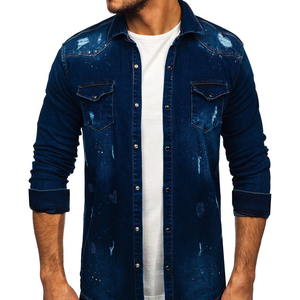 Chemise en jean à manches longues pour homme, style classique rétro, avec poches décoratives, motif écossais, haut vintage en jean pour affaires - Product Image 2