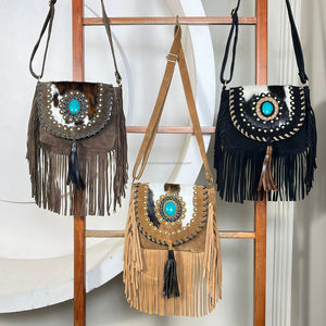 Nouveauté Sac à main léger en cuir de vachette vintage style bohème avec pierre turquoise, sac bandoulière multi-usages fait main avec lettres - Product Image 4