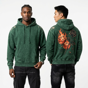 Forest Green Vintage Wash Hoodie Flaming <b>Dice</b> Rose Graphic Print <b>Men</b> Heavyweight Streetwear Oversized Pullover Manufacturer OEM - Product Image 1