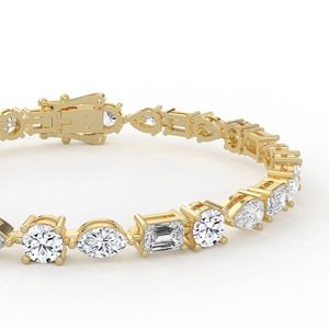 Bracelet de tennis sophistiqué en or 14kt 18kt, 28 diamants multiformes, avec maillons rotatifs taille Marquise, Poire et Émeraude, certifié IGI - Product Image 3