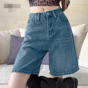 Women's Light Blue Dark Blue Black White Grey Boot Cut Knee-Length Vintage Cotton Denim Shorts Hand-painted Ripped - Product Image 5