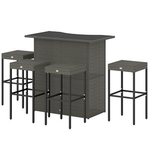 Set Bar da Esterno Alto a 5 Pezzi in Rattan Intrecciato con 2 Ripiani e 4 Sgabelli da Bar - Grigio - Product Image 1