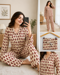 Luxury Maroon Floral Crepe Silk Night Suit Women Long Sleeve Shirt Pajama Set Casual Handmade Masterpiece Sleepwear <b>Gift</b> Set - Product Image 3