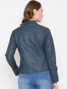 Chaqueta de cuero azul para mujer, estilo motero, cuello alto, corte ajustado, con cremallera, estilo casual urbano, moda de otoño, EE. UU. - Product Image 2