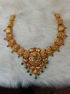 Conjunto de Collar de Oro Sólido de 22K |   Joyería nupcial tradicional india |   Haram de Oro Hecho a Mano con Acabado Antiguo - Product Image 3