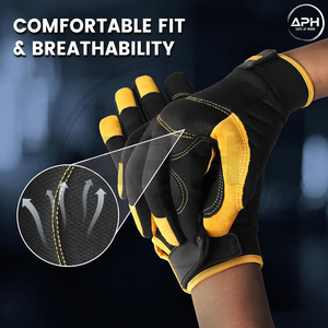 Gants de travail robustes pour tronçonneuse OEM personnalisés, paume en cuir croûte renforcée, patch jaune, dos en maille, pour la foresterie et l'exploitation forestière - Product Image 3