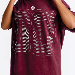 T-shirt tendance oversize en jersey de coton pour femme avec motif numérique en strass, streetwear à manches courtes, marque privée OEM, t-shirts pour homme - Product Image 2