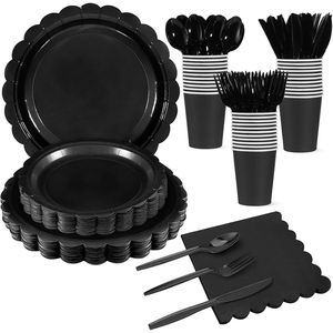 Kit di 175 Pezzi per Festa Nera con 25 Piatti, Tovaglioli con Bordo Ondulato, Bicchieri in Plastica e Posate Monouso - Product Image 1