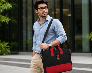 Maletín Moderno para Portátil AMANI de Yute, 16 Pulgadas, Bolsa de Hombro para Negocios con Asa Protectora y Cierre, Ecológico, Negro y Rojo - Product Image 3