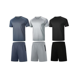 Ensemble de shorts de sport décontractés pour hommes, été, gris clair, t-shirt à col rond, tricoté, 100% coton, respirant, couleur unie, manches courtes - Product Image 4